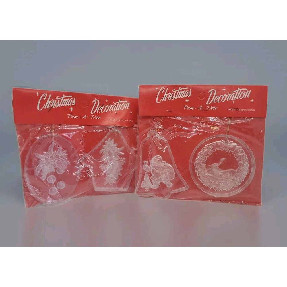 Vintage Clear Plastic Christmas Tree Decoration  Santa Bells Holly NIP Hong Kong